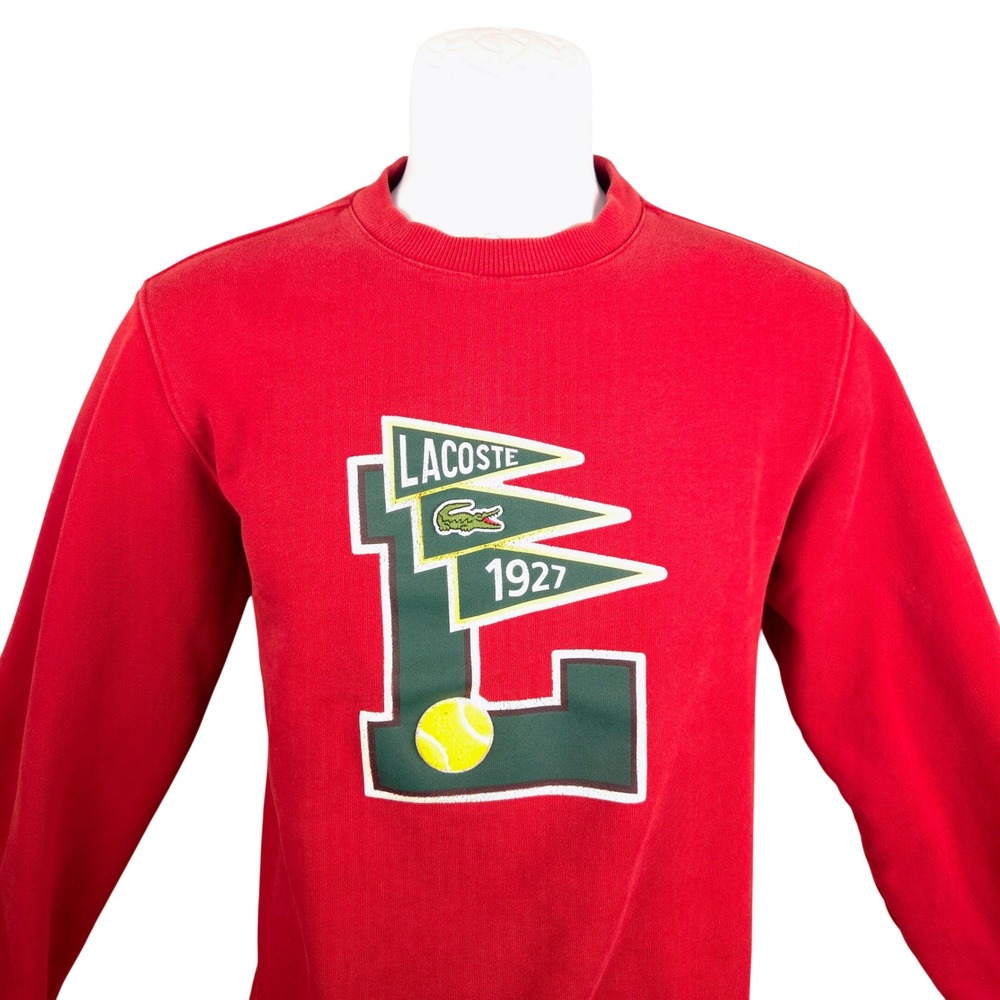 Lacoste Pennants Red Crewneck Cotton Fleece Sweatshirt Badge Men Size S